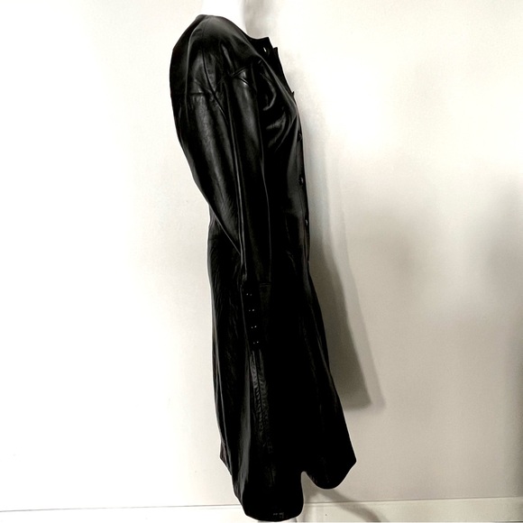 ANNI ‘90 Vtg Black Lambskin Leather Long Button Front Fitted Coat Dress Timeless - Picture 5 of 16